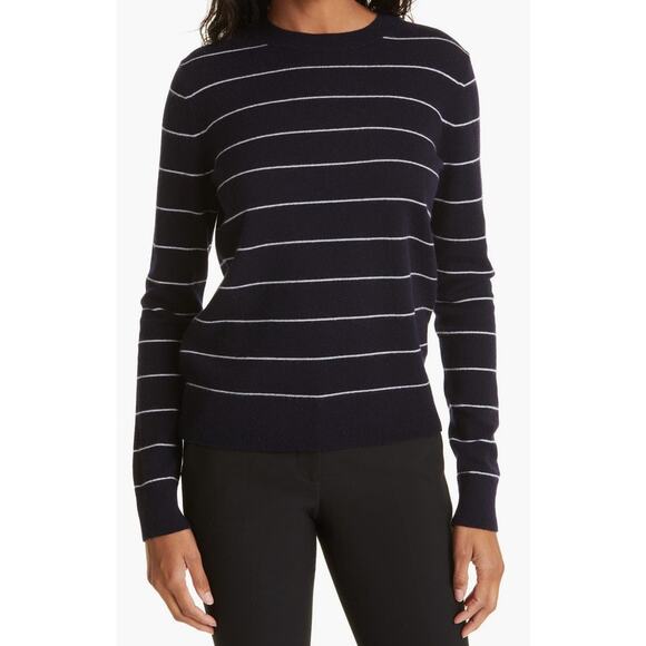 VINCE SWEATER XS CASHMERE WOOL STRIPED PULLOVER CREWNECK NAVY BLUE WHITE CHIC - Picture 1 of 10